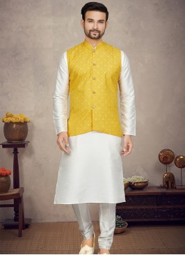 Royal Yellow Art silk Print Three-Piece Men's Ethnic Ensemble.