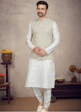 Royal Beige Art silk Print Three-Piece Men's Ethnic Ensemble.