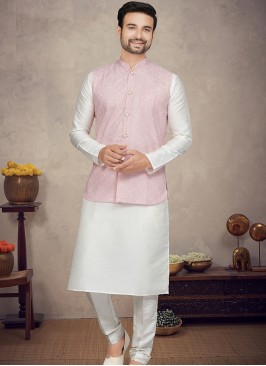 Royal Pink Art silk Print Three-Piece Men's Ethnic Ensemble.