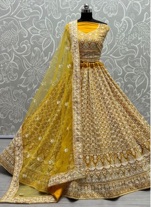 Royal Sequins Mustard Net Trendy Lehenga Choli