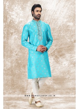 Royal Touch Blue Jacquard Silk Brocade Kurta Pyjama Set with Embroidery Work