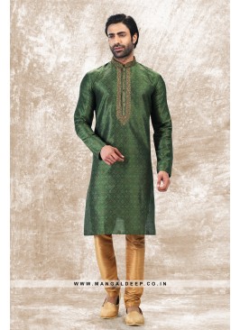 Royal Touch Green Jacquard Silk Brocade Kurta Pyjama Set with Embroidery Work