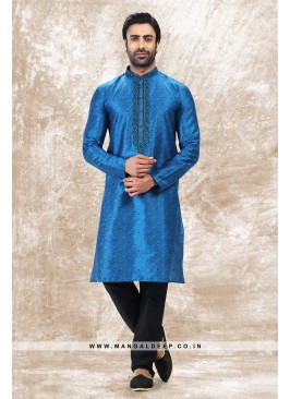 Royal Touch Blue Jacquard Silk Brocade Kurta Pyjam