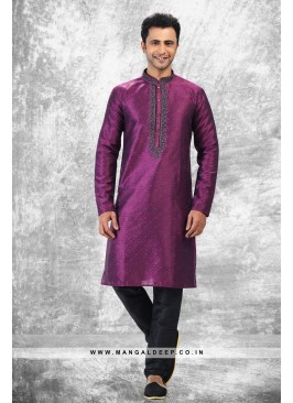 Royal Touch Magenta Jacquard Silk Brocade Kurta Pyjama Set with Embroidery Work