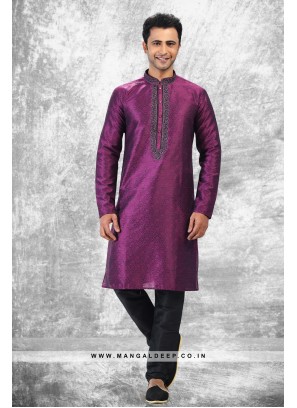 Royal Touch Magenta Jacquard Silk Brocade Kurta Pyjama Set with Embroidery Work