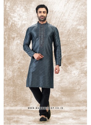 Royal Touch Grey Jacquard Silk Brocade Kurta Pyjama Set with Embroidery Work