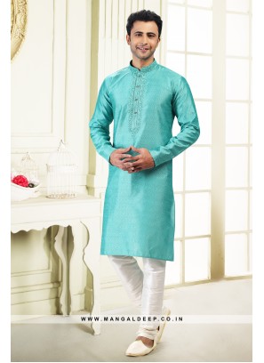 Royal Touch Teal Green Jacquard Silk Brocade Kurta Pyjama Set with Embroidery Work