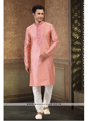 Royal Touch Dark Pink Jacquard Silk Brocade Kurta Pyjama Set with Embroidery Work