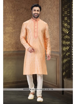 Royal Touch Peach Jacquard Silk Brocade Kurta Pyjama Set with Embroidery Work