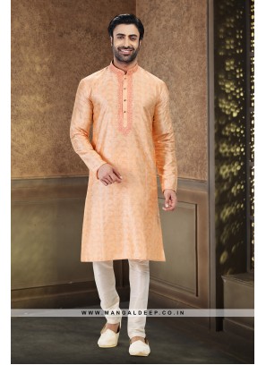 Royal Touch Peach Jacquard Silk Brocade Kurta Pyjama Set with Embroidery Work