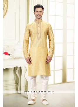 Royal Touch Yellow & Green Shaded Jacquard Silk Brocade Kurta Pyjama Set with Embroidery Work