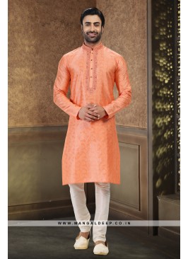 Royal Touch Two Shaded Orange Jacquard Silk Brocade Kurta Pyjama Set with Embroidery Work