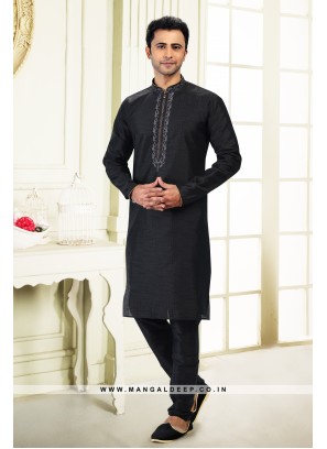 Royal Touch Black Jacquard Silk Brocade Kurta Pyjama Set with Embroidery Work