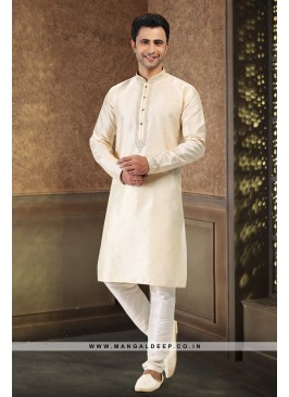 Royal Touch Cream Jacquard Silk Brocade Kurta Pyjama Set with Embroidery Work