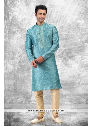 Royal Touch Blue Jacquard Silk Brocade Kurta Pyjama Set with Mirror Work