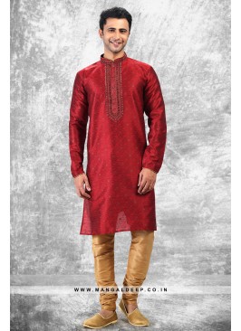 Royal Touch Maroon Jacquard Silk Brocade Kurta Pyjama Set with Mirror Work