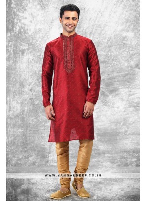 Royal Touch Maroon Jacquard Silk Brocade Kurta Pyjama Set with Mirror Work