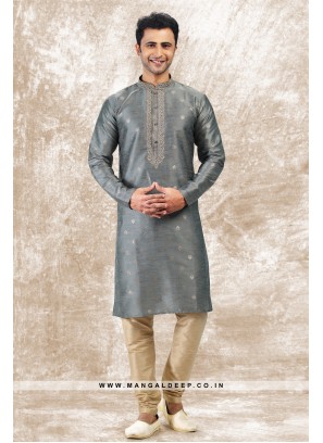 Royal Touch Grey Jacquard Silk Brocade Kurta Pyjama Set with Embroidery Work