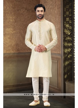 Royal Touch Gold Jacquard Silk Brocade Kurta Pyjama Set with Mirror Work