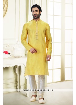 Royal Touch Yellow Jacquard Silk Brocade Kurta Pyjama Set with Mirror Work