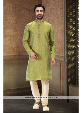 Royal Touch Green Jacquard Silk Brocade Kurta Pyjama Set with Mirror Work