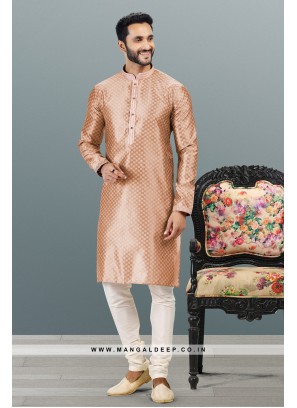 Royal Touch Dark Peach Jacquard Silk Brocade Kurta Pyjama Set with Pintex Work