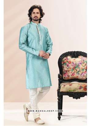 Royal Touch Firozi Jacquard Silk Brocade Kurta Pyjama Set with Pintex Work