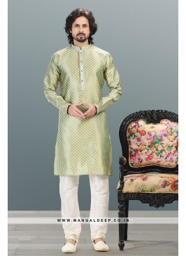 Royal Touch Green Jacquard Silk Brocade Kurta Pyjama Set with Pintex Work