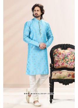 Royal Touch Blue Jacquard Silk Brocade Kurta Pyjam