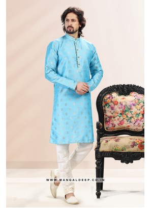 Royal Touch Blue Jacquard Silk Brocade Kurta Pyjama Set with Pintex Work