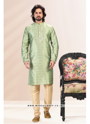 Royal Touch Green Jacquard Silk Brocade Kurta Pyjama Set with Pintex Work