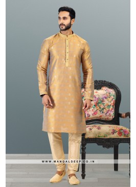 Royal Touch Gold Jacquard Silk Brocade Kurta Pyjama Set with Pintex Work