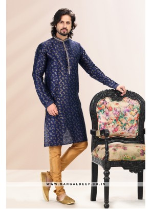 Royal Touch Blue Jacquard Silk Brocade Kurta Pyjama Set with Pintex Work