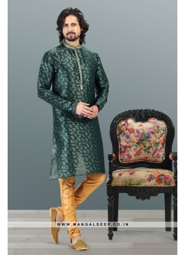 Royal Touch Green Jacquard Silk Brocade Kurta Pyjama Set with Pintex Work