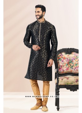 Royal Touch Black Jacquard Silk Brocade Kurta Pyjama Set with Pintex Work
