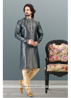 Royal Touch Grey Jacquard Silk Brocade Kurta Pyjama Set with Pintex Work