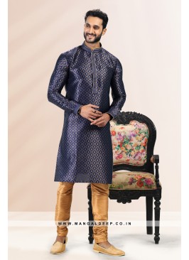 Royal Touch Blue Jacquard Silk Brocade Kurta Pyjama Set with Pintex Work