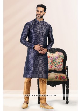 Royal Touch Blue Jacquard Silk Brocade Kurta Pyjam