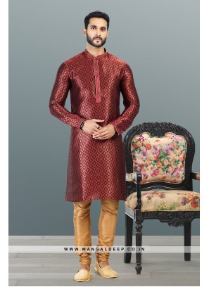 Royal Touch Maroon Jacquard Silk Brocade Kurta Pyjama Set with Pintex Work