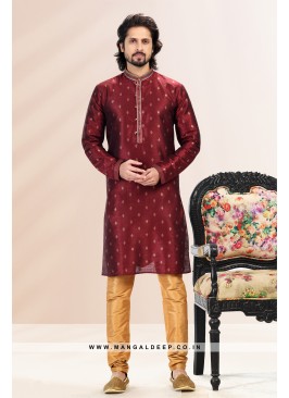 Royal Touch Wine Jacquard Silk Brocade Kurta Pyjama Set with Pintex Work