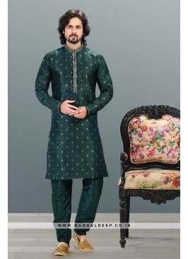 Royal Touch Green Jacquard Silk Brocade Kurta Pyjama Set with Pintex Work