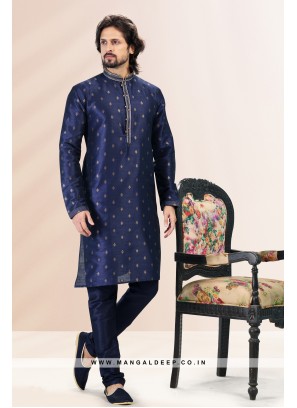 Royal Touch Blue Jacquard Silk Brocade Kurta Pyjama Set with Pintex Work