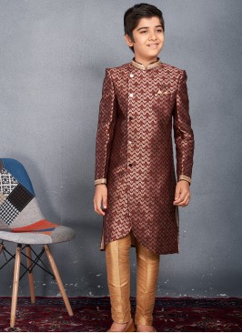 Royal Wine Banarasi Brocade Kids' Sherwani Trouser Set.