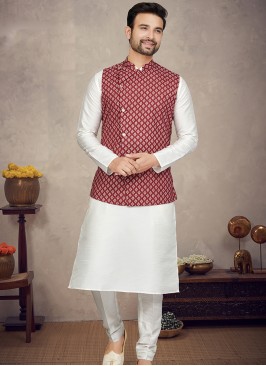 Royal Marron Art silk Print Three-Piece Men's Ethnic Ensemble.