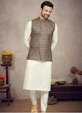 Royal Coffee Cotton Print Three-Piece Men's Ethnic