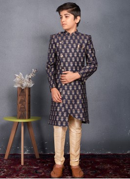 Royal Youth: Navy Blue & Gold Banarasi Brocade Sherwani Trouser Set for Kids.