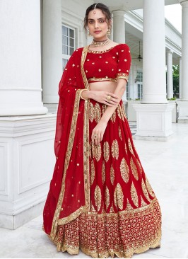 Ruby Red Georgette Wedding Lehenga Choli with Intricate Embroidery.