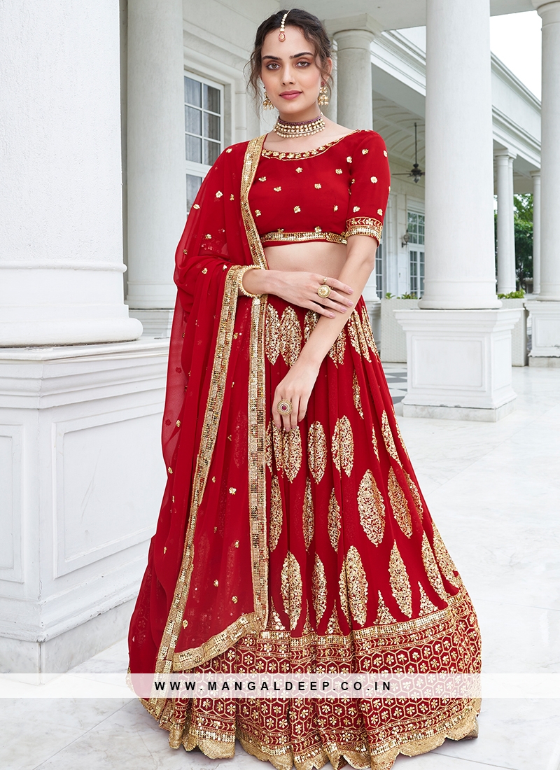 Ruby Red Georgette Wedding Lehenga Choli with Intricate