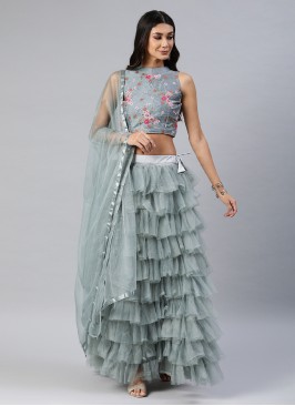 Ruffle Net Long Choli Lehenga in Sea Green