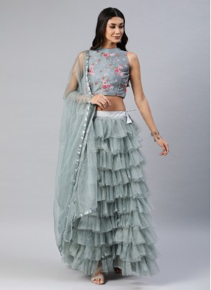 Ruffle Net Long Choli Lehenga in Sea Green